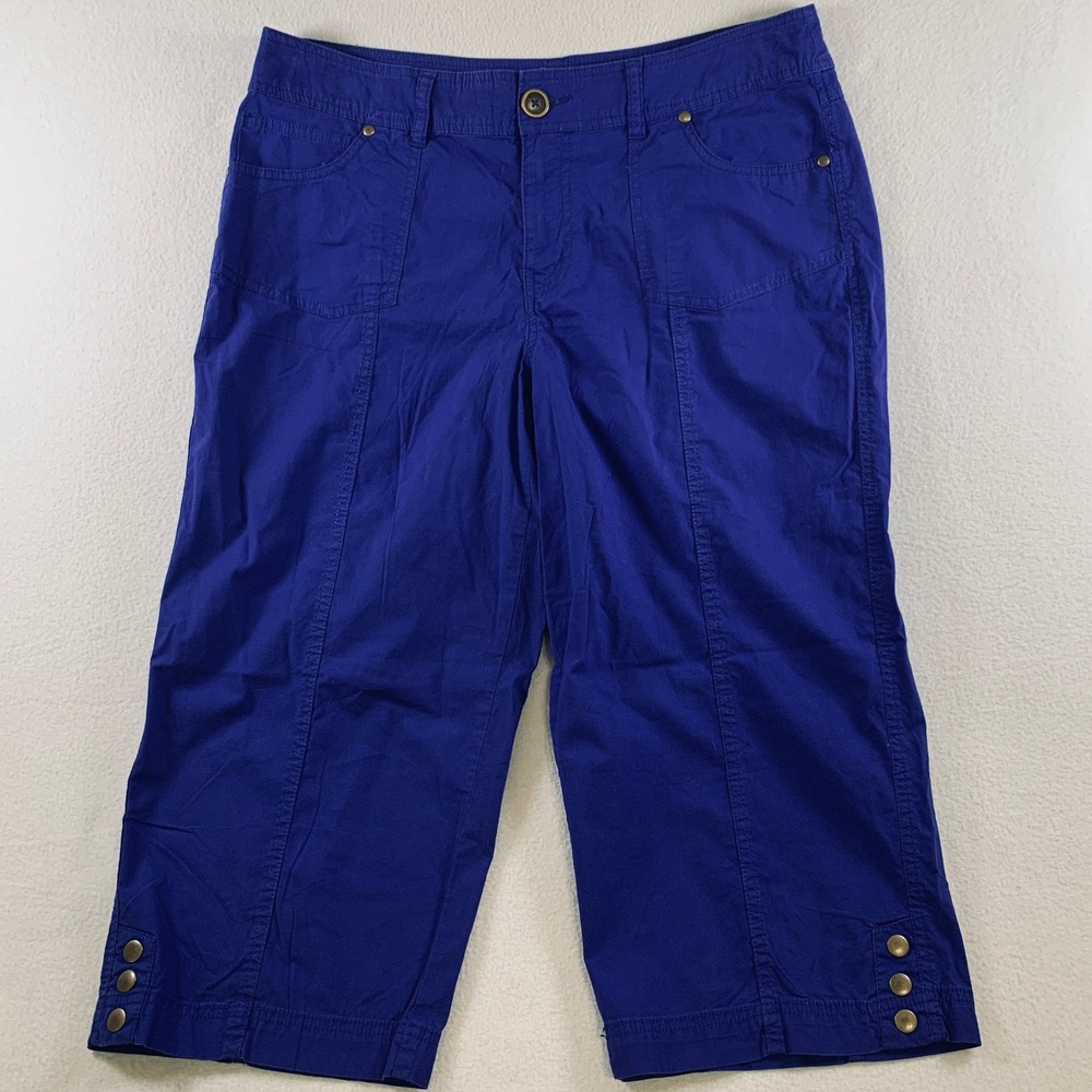 Kim Rogers Capri Pants Women's 14 Blue Stretch Cotton Button Hem Cropped